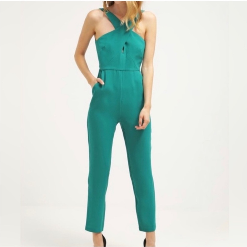 BCBGeneration Green Jumpsuit with Fitted Cross Neck Bodice and Tapered Pants